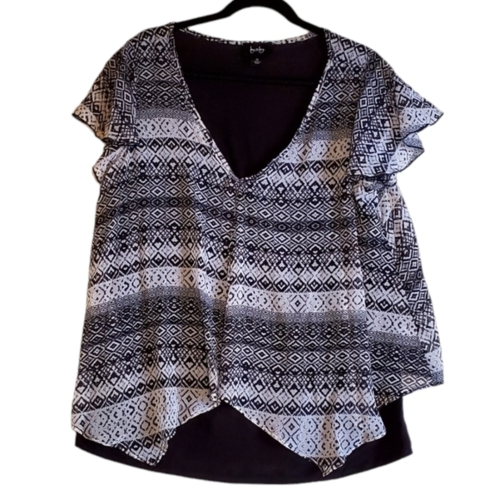 By & By Women's Black Pullover Blouse Two layers Flutter Sleeves Plus Size 1X